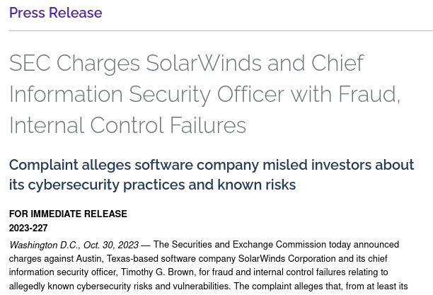 screenshot of press release of SEC Charges SolarWinds and Chief Information Security Officer with Fraud, Internal Control Failures 